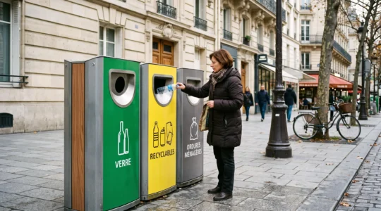 Une personne dépose une bouteille en plastique dans une station de tri urbaine à colonnes multiples installée sur un trottoir propre d'une ville française.